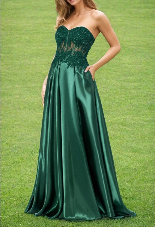 Hunter Green Strapless Sweetheart Long A-Line Prom Dress