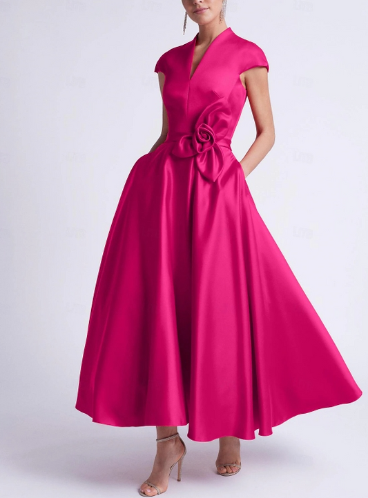 A-Line Wedding Guest Dresses Cocktail Party Tea Length Sleeveless V Neck Pocket Satin with Bow(s