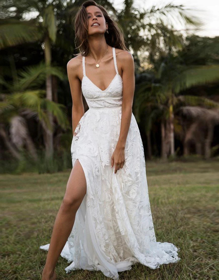 Lace Criss-Cross Straps Wedding Dress With Slit