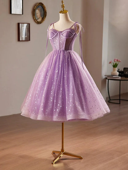 A-Line Sweetheart Neck Tulle Lace Purple Homecoming Dress