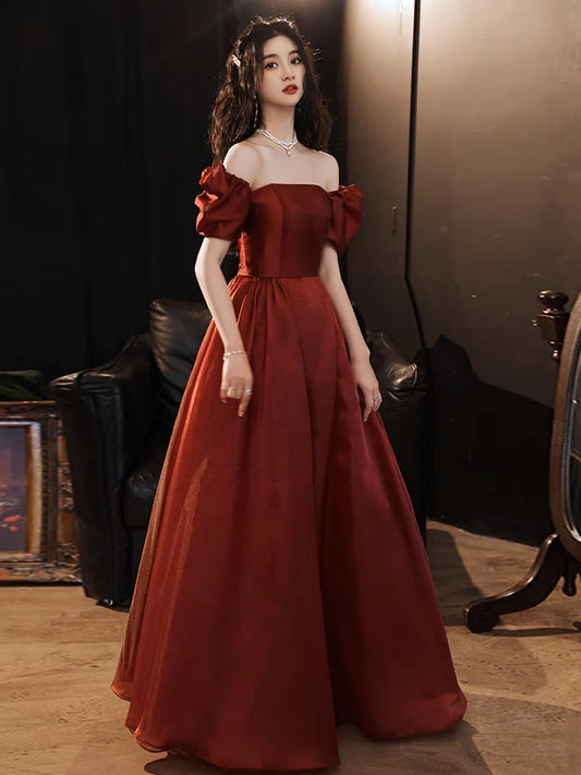 A-Line Puff Sleeves Organza Burgundy Long Prom Dress Evening Dress