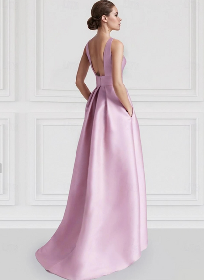 A-Line Wedding Guest Dress Floor Length Sleeveless Boat Neck Pink Dress Satin with Pocket