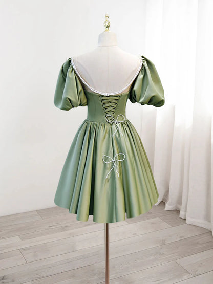 A-Line Green Puffy Sleeve Satin Short Prom Dress Formal Cocktail Dresses