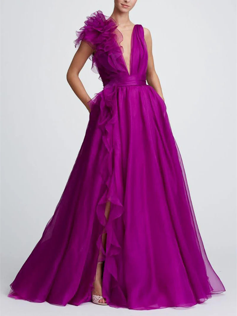 A-Line V Neck Sleeveless Floor-Length Evening Floar Dresses With Split Side