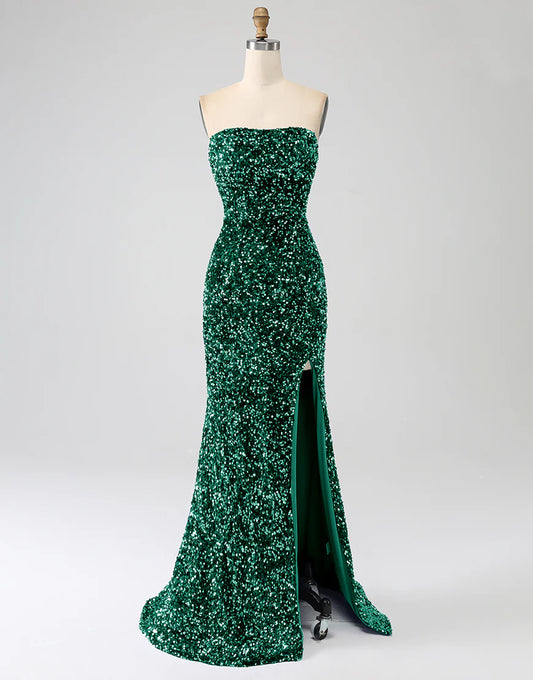 Mermaid Dark Green Sheath Strapless Tight Sequin Side Slit Prom Dress