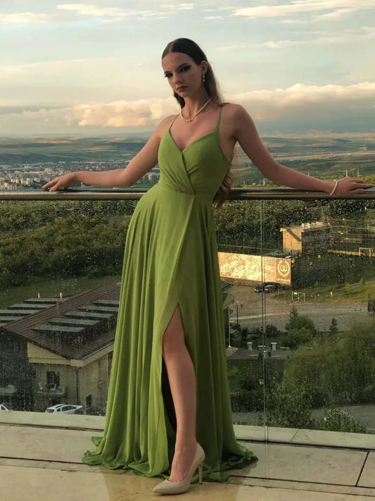 A Line Green Chiffon Long Prom Dress Green Evening Dress