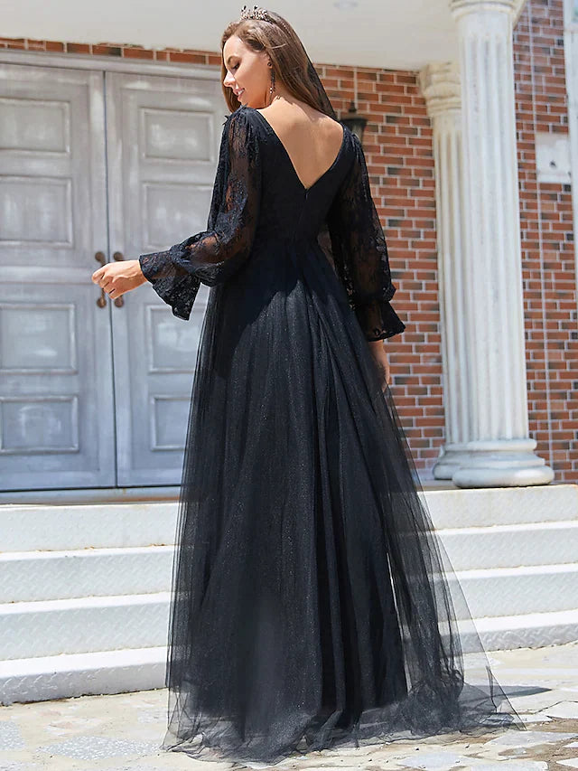 A-Line Wedding Dresses V Neck Floor Length Lace Tulle Long Sleeve Romantic Sexy Black with Pleats Draping