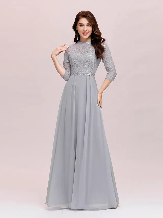 A-Line Mother of the Bride Dress Plus Size Elegant Jewel Neck Floor Length Chiffon Lace Length Sleeve with Lace