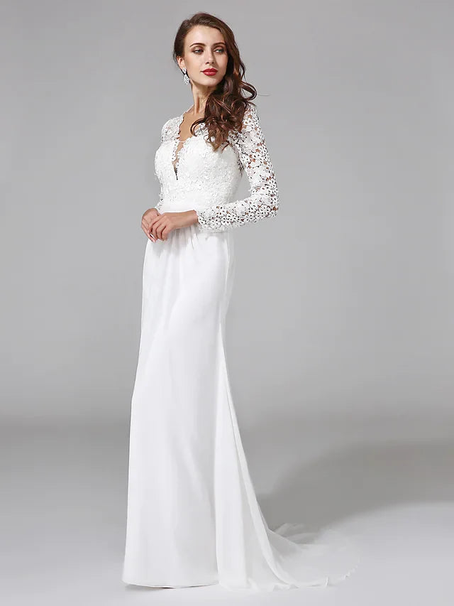 Wedding Dresses V NeckChiffon Floral Lace Long Sleeve Romantic Boho Illusion Sleeve with Lace Button