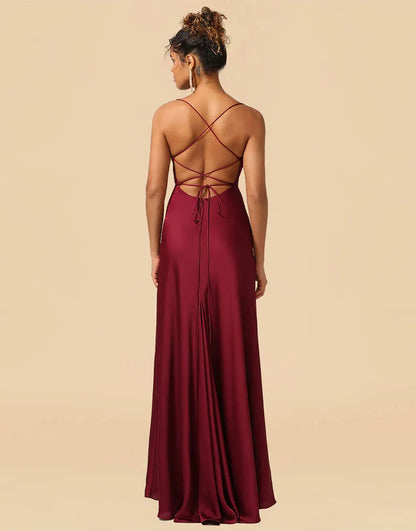 Burgundy Satin Spaghetti Straps Lace Up Sheath Bridesmaid Dresses With Slit