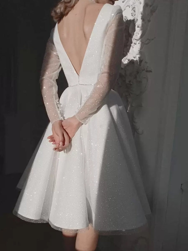 A-Line Short Wedding Dress V-Neck Long Sleeves Short Knee-Length Bridal Gowns