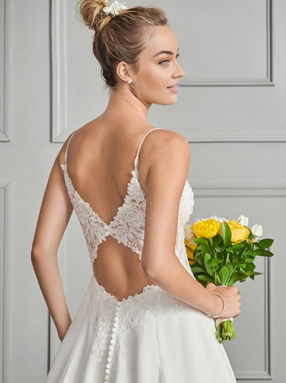 White Simple Wedding Dress A-Line V-Neck Sleeveless Lace Bridal Dresses