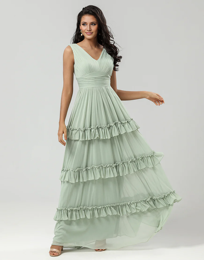 A Line Chiffon V-Neck Bridesmaid Dress with Pleated