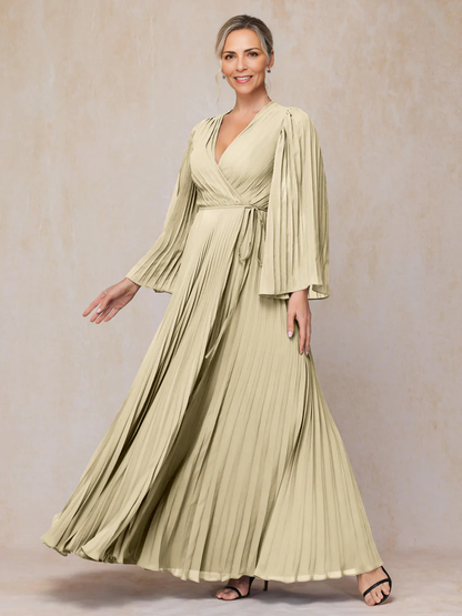 Long Sleeves V-Neck Floor Length Formal Chiffon Mother Of The Bride Dress