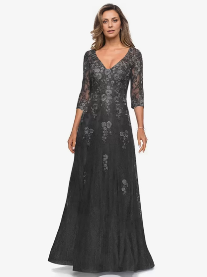 Mother of the Bride Dresse V-Neck Half Sleeves A-Line Lace Long Wedding Guest Party Dresses