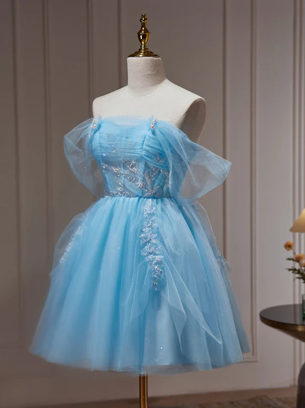 Light Blue Beaded Sweetheart Tulle Lace-up Party Dress Homecoming Dress