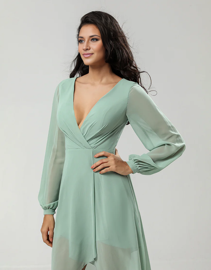 A Line Green Deep V Bridesmaid Dress with Long Sleeves