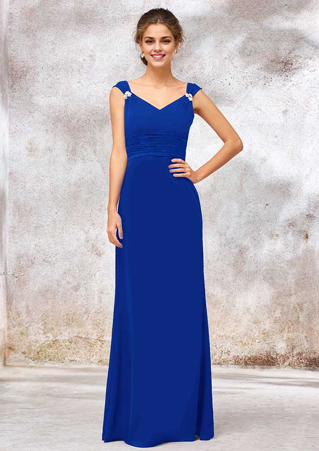 Chiffon Bridesmaid Dress Sheath/Column V Neck Long With Sashes Pleated Beading Wedding Guest Party Dresses