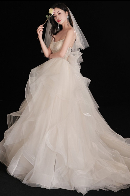 A-Line Gorgeous Ruffled Ballgown Wedding Dress with Spaghetti Straps