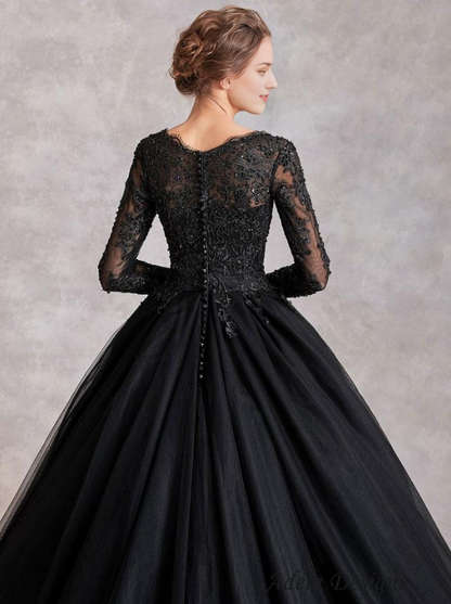 Gothic Black Wedding Dresses A-Line Long Sleeves Lace With Train Bridal Dress