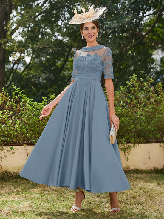 A-Line/Princess Scoop Half Sleeves Ankle-Length Long Plus Size Evening Dresses with Appliques main image 1