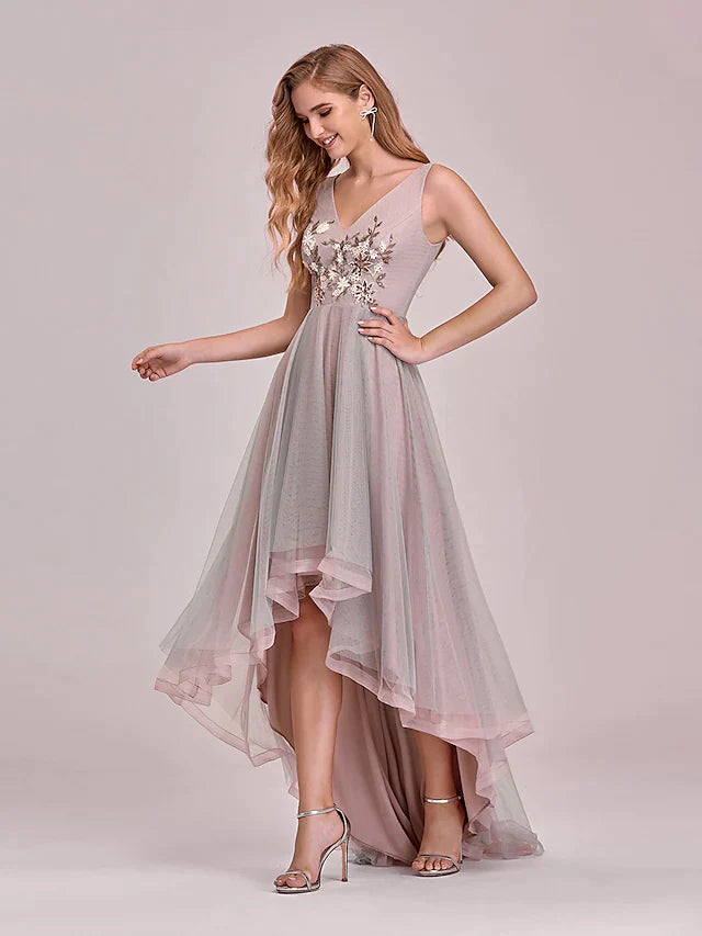 V Neck Asymmetrical Tulle Bridesmaid Dress with Appliques