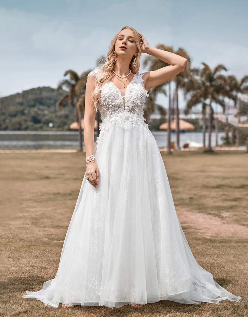 Sparkly Tulle Beaded Long A Line V-Neck Wedding Dress