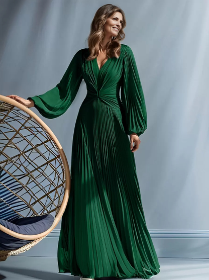 Mother of the Bride Dresse V-Neck Long Sleeves A-Line Pleated Floor-Length Guest Dresses For Wedding