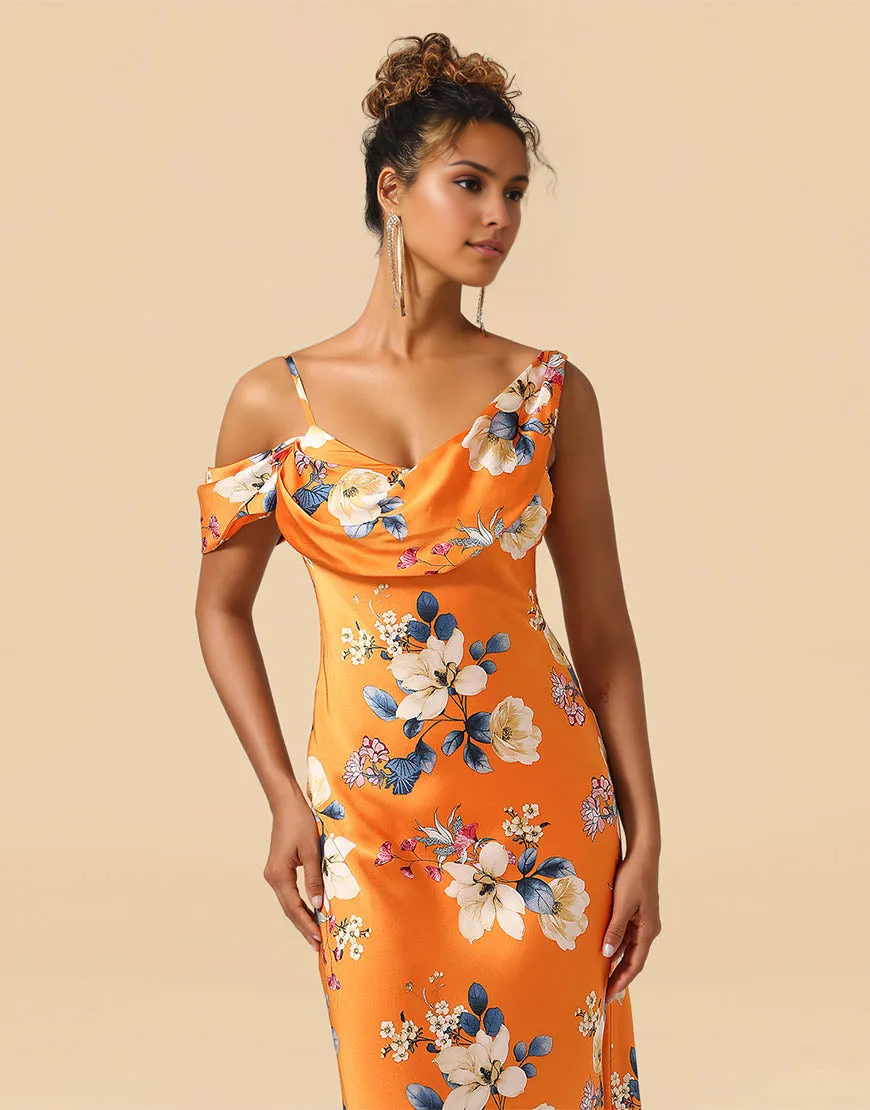 Orange Print Flower Asymmetrical Shoulder Straps Satin Sheath Bridesmaid Dress