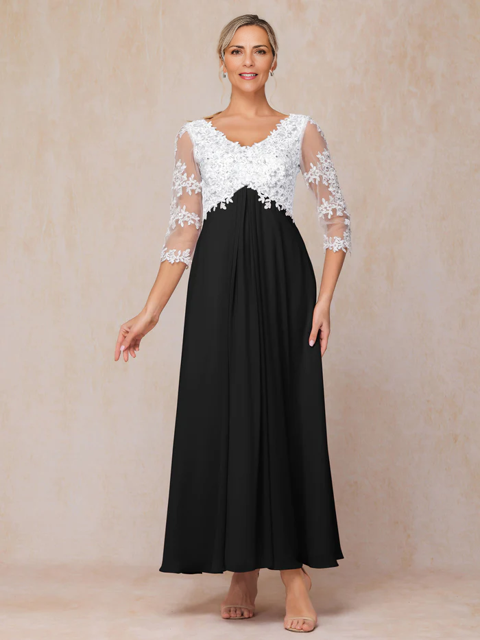 3/4 Sleeves A Line Ankle Length Chiffon Lace Mother of the Bride Dresse