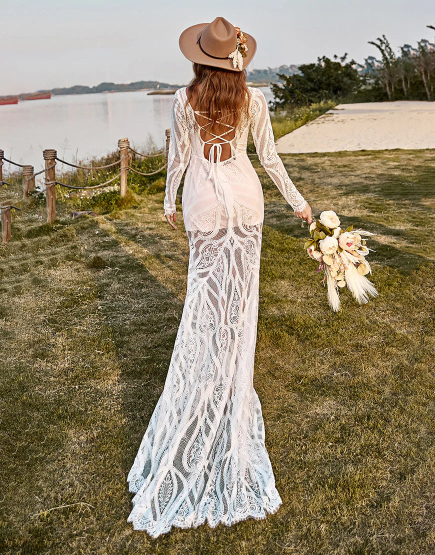 Mermaid Long Sleeves Lace Boho Wedding Dress