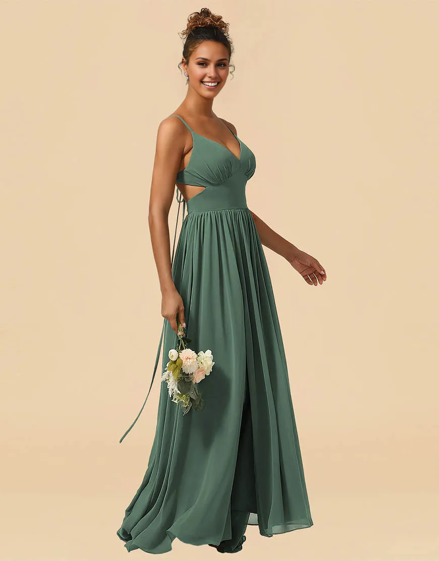 A-Line Spaghetti Straps Floor Length Chiffon Bridesmaid Dress Wedding Guest Party Dresses with Split