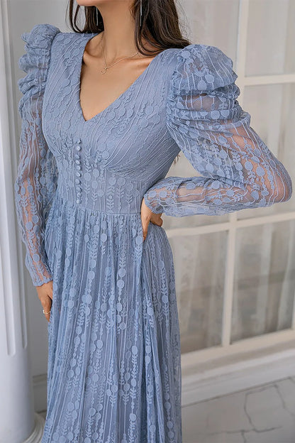 A-Line Blue Lace Long Prom Dress Wedding Guest Party Dresses with Sleeves