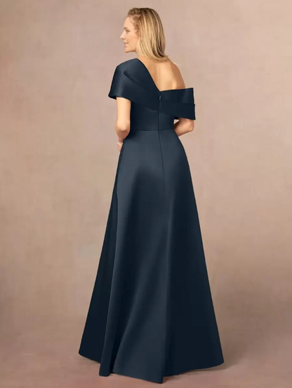 Mother Of The Bride One-Shoulder Short Sleeves A-Line Split Front Floor-Length Wedding Guest Dresses