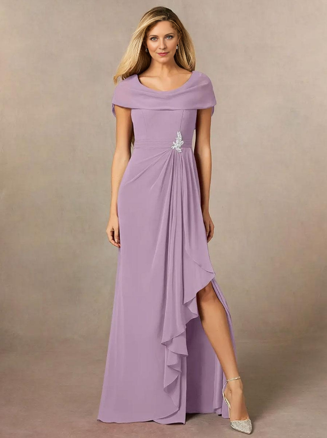 V-Neck Short Sleeves A-Line Pleated Floor-Length Wedding Guest Dresses Chiffon Mother of the Bride Dresse