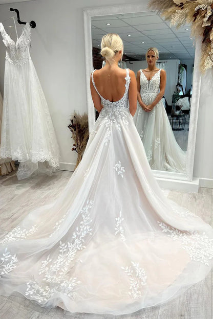 A-Line V Neck Tulle Appliques Wedding Dresses