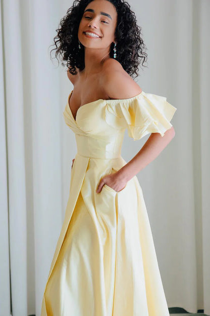 Off Shoulder Ruffles Long Yellow Wedding Guest Party Dress with Slit