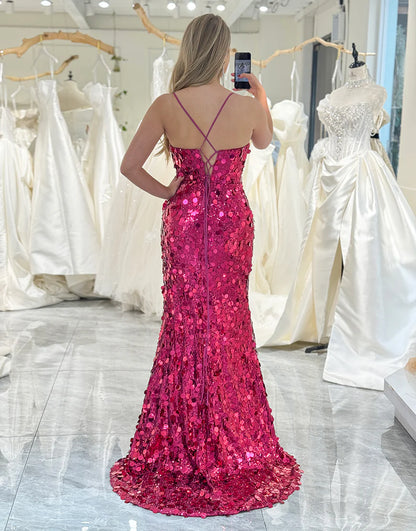 Sparkly Fuchsia Mermaid Corset V-Neck Prom Dress With Slit