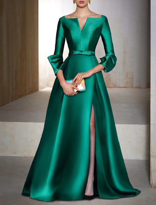 A-Line Evening Gown Elegant Wedding Guest Dress Cocktail Party Floor Length Long Sleeve V Neck Satin