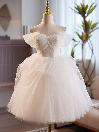 White A-Line Princess Sweetheart Neck Tulle Lace Short Prom Dress Homecoming Dress