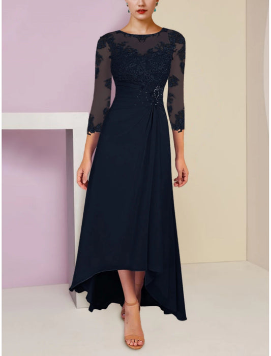 A-Line Mother of the Bride Dress Wedding Guest Elegant Scoop Neck Asymmetrical Chiffon with Lace Sequin Ruching