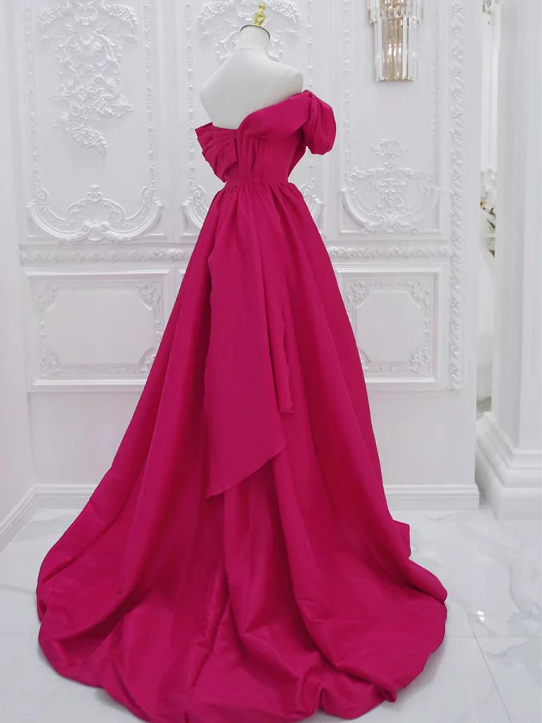 A-Line Off Shoulder Satin Rose Red Long Prom Dress Evening Dress