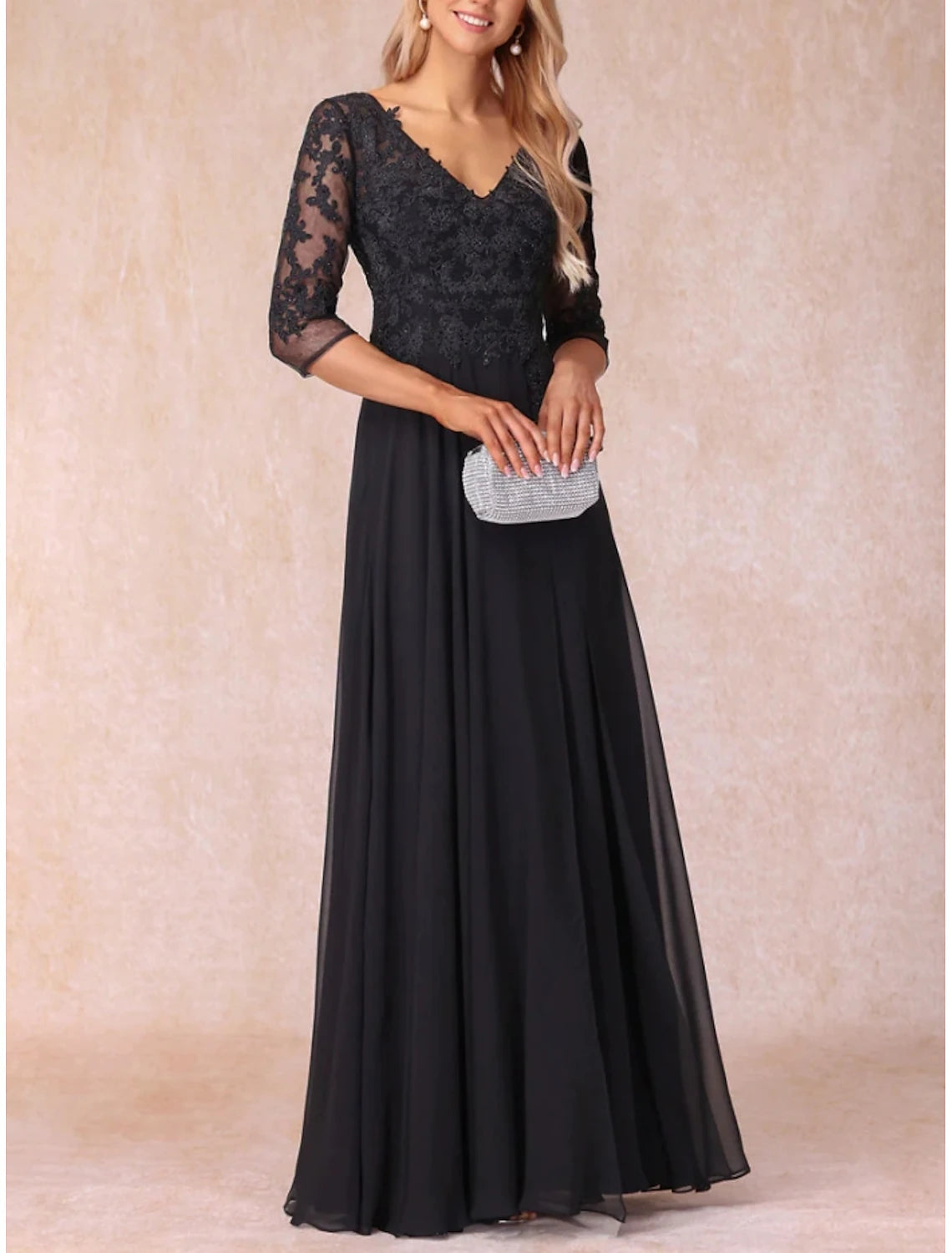 A-Line Mother of the Bride Dress Wedding Guest Elegant V Neck Lace 3/4 Length Sleeve with Ruching Solid Color