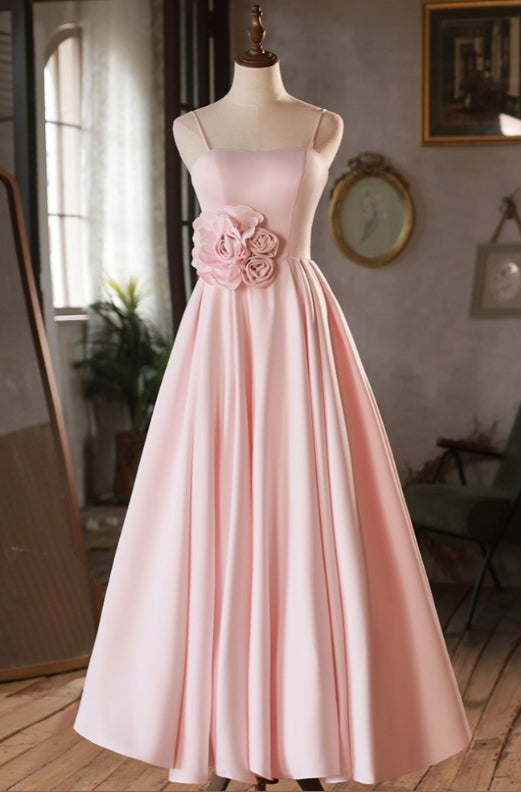 Cute A-Line Simple Pink Satin Bridesmaid Dress with Spaghetti Straps