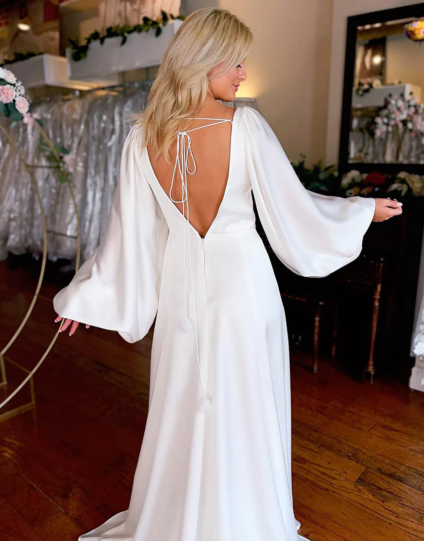 White Satin Simple A-Line Long Wedding Dress With Slit