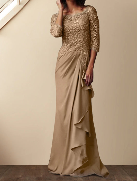 Sheath / Column Elegant Bateau Neck Floor Length Chiffon Mother of the Bride Dress with Lace