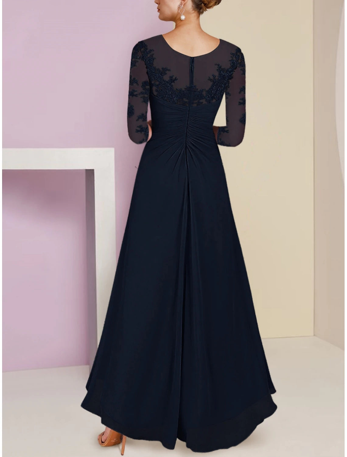 A-Line Mother of the Bride Dress Wedding Guest Elegant Scoop Neck Asymmetrical Chiffon with Lace Sequin Ruching