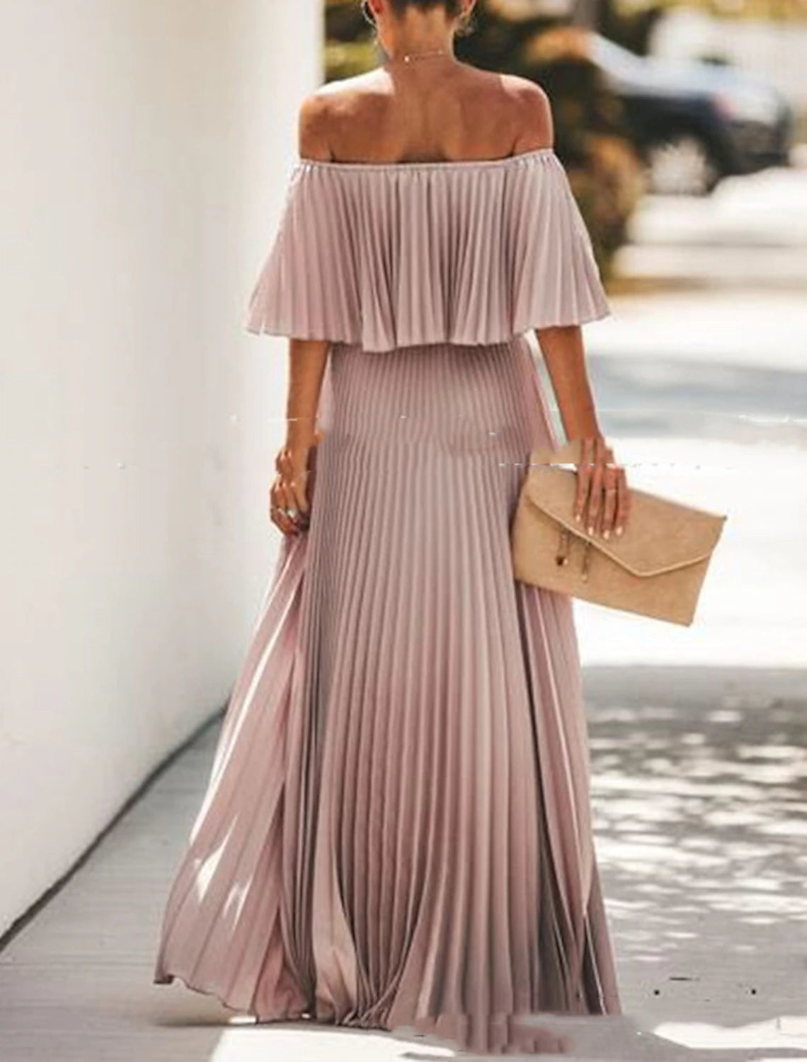 A-Line Wedding Guest Party Dress Floor Length Half Sleeve Off Shoulder Chiffon with Pleats Ruffles