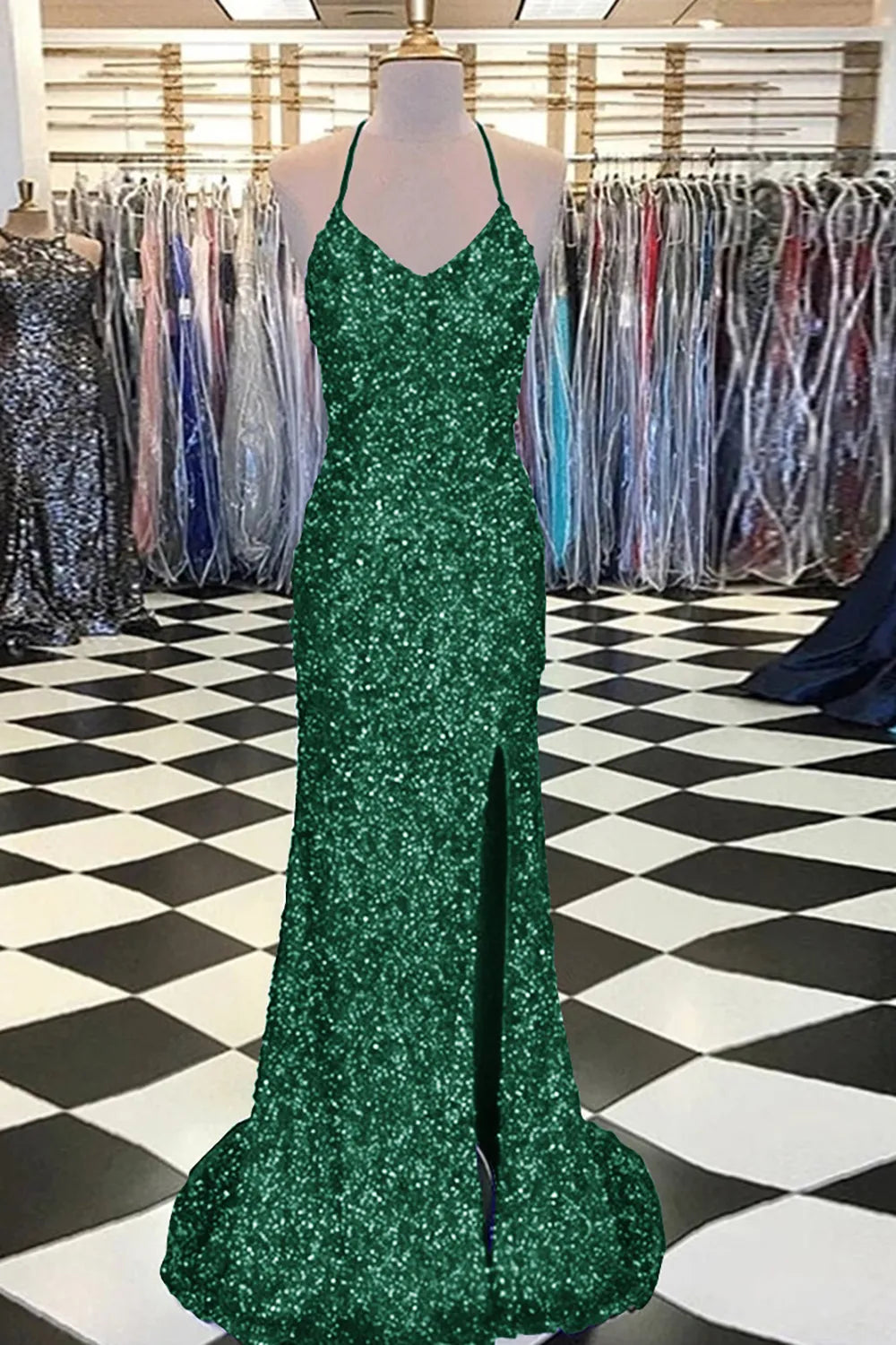 Sequin Mermaid Backless Prom Dress Evening Dresses With Sweep Train