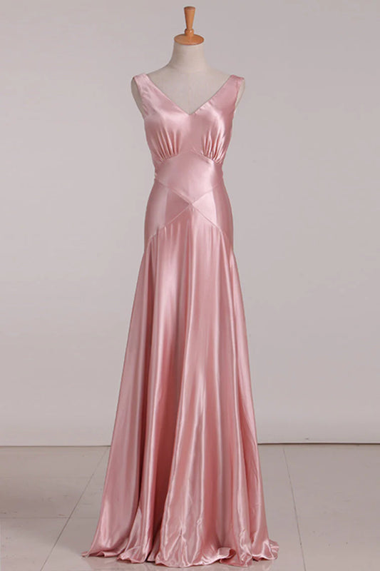 Pink V-neck Satin Long Dress Bridesmaid Dress Wedding Guest Party Dress